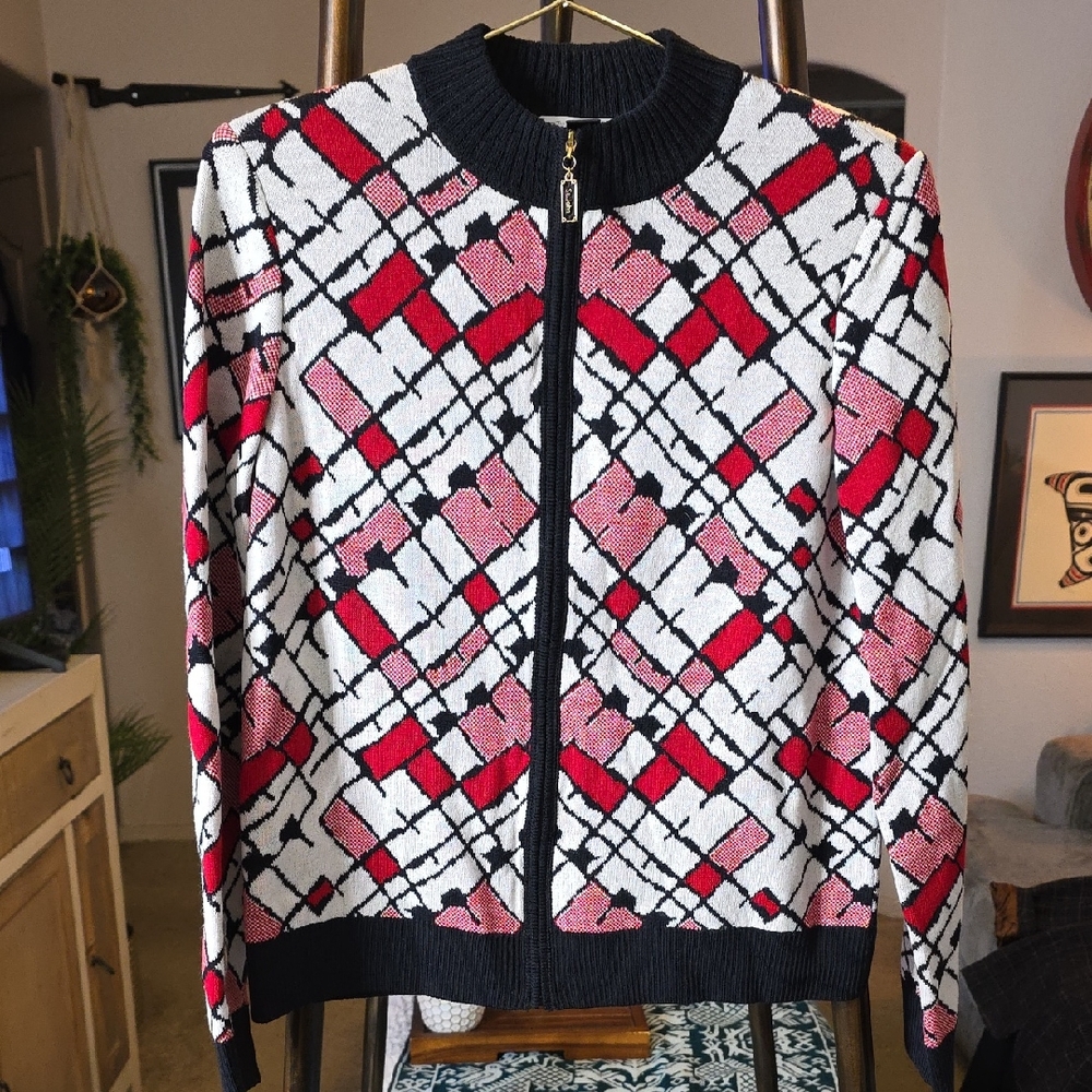 St. John Red and Black Geometric Bomber Jacket